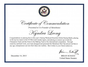 Kyndra's Certificate of Commendation from Senator Brian Schatz