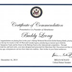 Buddy's Certificate of Commendation from Senator Brian Schatz